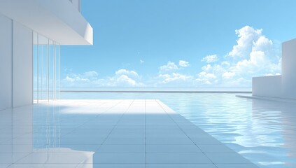 Obraz premium White modern architectural exterior with infinity pool. Vast, bright, sunny, exterior scene. Large expanse of blue sky, white clouds, and tranquil water. Clean, minimalist design