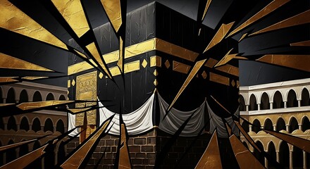 Abstract Golden Fractured Kaaba Islamic Art