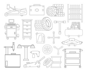 Vector set of workshop tools lineart including wrench screwdriver hammer and pliers for mechanic and engineering designs.