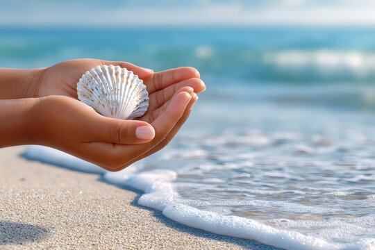Woman holding beautiful seashell on sandy beach with ocean waves - Powered by Adobe
