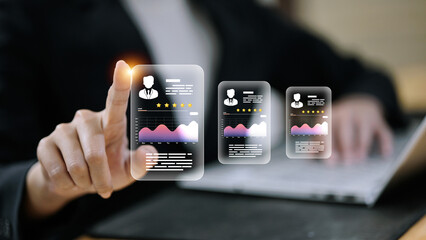 Businessman Using Digital Analytics Dashboard with Customer Profile and Rating