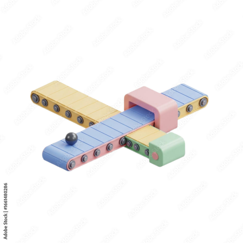 Poster A 3D rendering of a conveyor belt system in a pastel color palette, featuring a minimal and floating design. 
