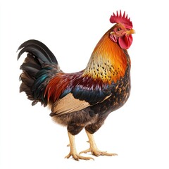 Fototapeta premium Rooster, vibrant plumage, standing profile, isolated on white