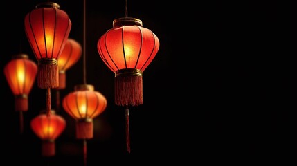 Obraz premium Chinese lanterns hanging in the dark, a Chinese New Year background with copy space for text. A beautiful night light, a traditional symbol of Oriental culture