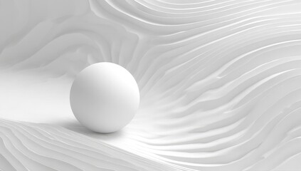 A pristine white sphere rests on a rippled, textured surface