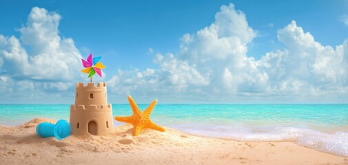 The beautiful sandcastle overlooking a serene beach scene with vibrant sky.