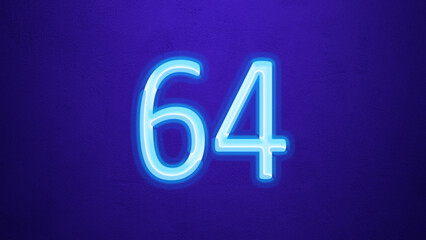 Glowing blue number design of 64 on blue background.