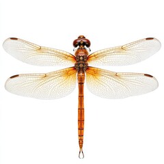 Detailed close-up of a dragonfly, wings spread, amber-orange body, delicate veins