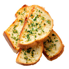 Warm golden garlic bread toasts with herbs on transparent background 