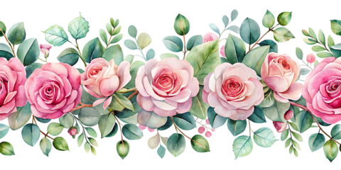 Pink Rose Flower and Eucalyptus Watercolor Seamless Floral Border Isolated on White Background as Transparent. PNG. AI GENERATED