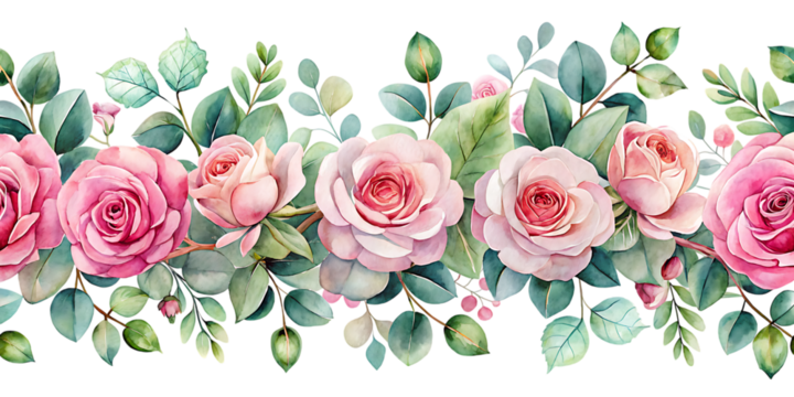 Pink Rose Flower and Eucalyptus Watercolor Seamless Floral Border Isolated on White Background as Transparent. PNG. AI GENERATED