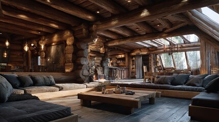 A cozy luxurious log cabin interior a peaceful retreat into nature inviting warmth with soft neutral