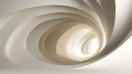 Fototapeta premium Abstract spiral tunnel of layered, light beige and white architectural forms, leading to a central light source