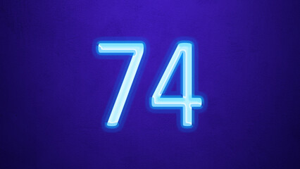 Glowing blue number design of 74 on blue background.