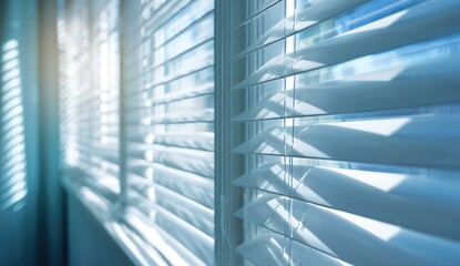 Obraz premium Close-up view of light-toned window blinds. Sunlight streams through, casting shadows