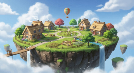 Obraz premium Fantasy floating island with cozy houses, gardens, and waterfall amidst fluffy clouds
