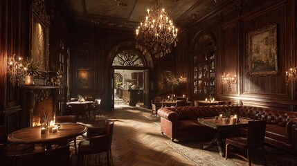 A luxurious candlelit ambiance invites intimate conversations in a lavish traditional private club