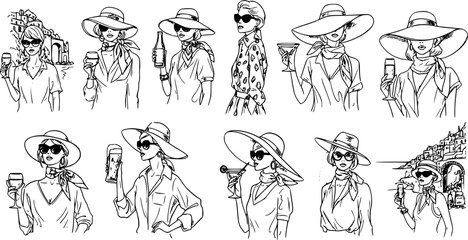 Set of sketched silhouettes La dolce vita italian sicily Amalfi style. woman Hand hold wine, beer, cocktail or champagne drawings. Sketch style bar or party Illustrations for wedding invitations, cafe