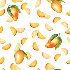 Hand-drawn seamless pattern with ripe mango fruits, juicy slices, and green leaves on white background