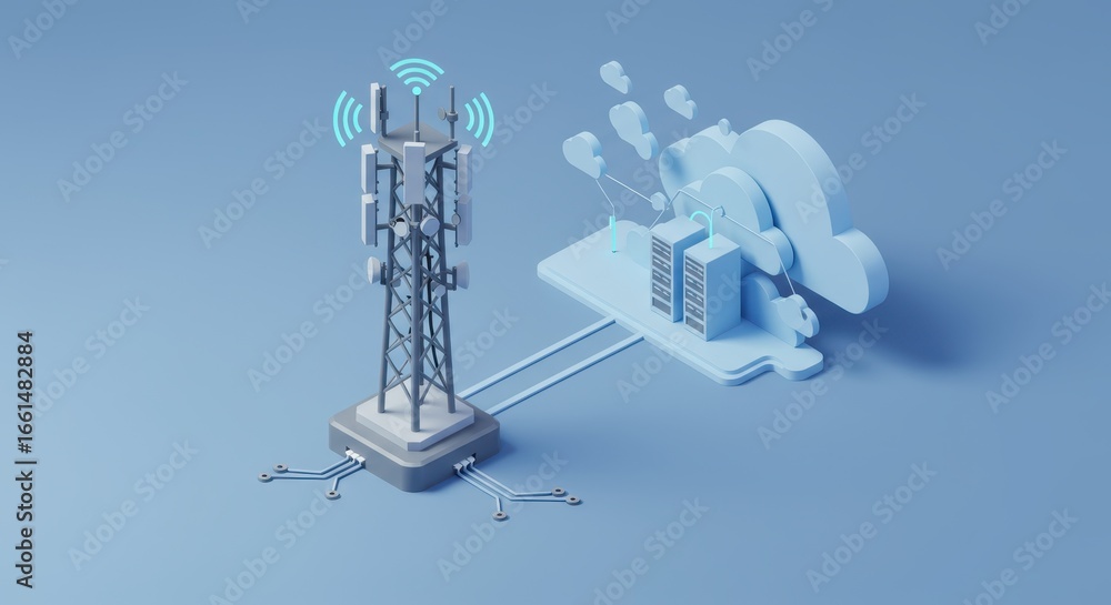 Poster communication tower distributing data to the cloud server network illustration