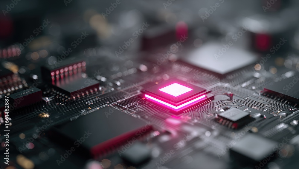 Poster close-up of a circuit board with highlighted central processor