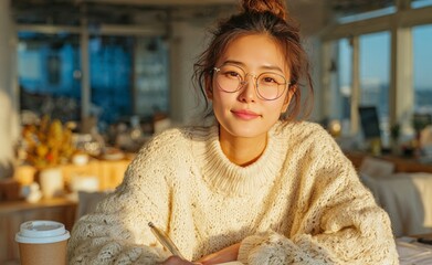 Young woman writing in notebook at cafe enjoying warm sunlight