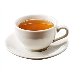 White teacup filled with amber-colored tea, on a saucer