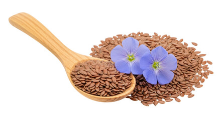 Isolated Flax Seeds and Flowers in Wooden Spoon