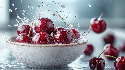 Fresh Red Cherries Splashing in Bowl of Water