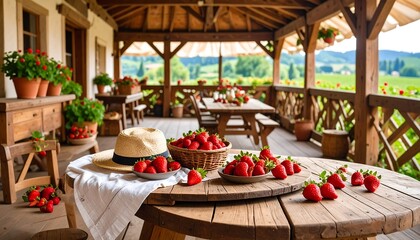 Scenic Strawberry Farm Picnic Fresh Berries on Rustic Table with Sunlit Terrace View.