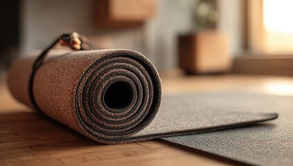 Rolled yoga mat on wooden floor