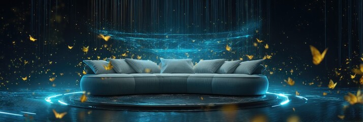 Modern sofa in a glowing, ethereal space, filled with swirling light and gold butterflies