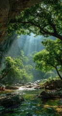 Sunlight streams through a lush jungle canopy, illuminating a tranquil river flowing through a rocky gorge
