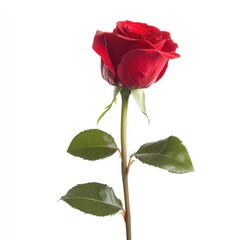 Single red rose with green leaves on a white background (5)