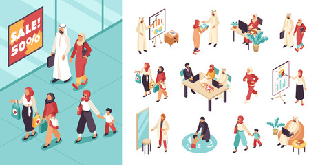 Isometric Illustrations of People in Middle Eastern Setting and Icons