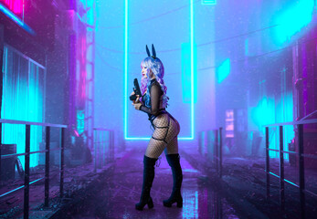 Cosplay of a young woman in a sexy bodysuit with a gun