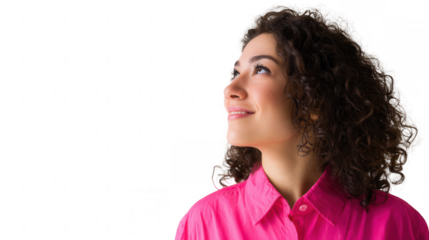 a young woman with brown curly hair wearing a pink shirt, jpeg, png, transparent