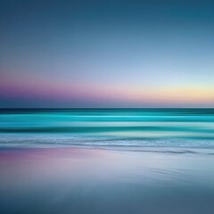 Tranquil beach scene at sunrise/sunset.  Softly colored, blurred waves meet the sand.  Pastel hues of pink, purple, and turquoise dominate the horizon