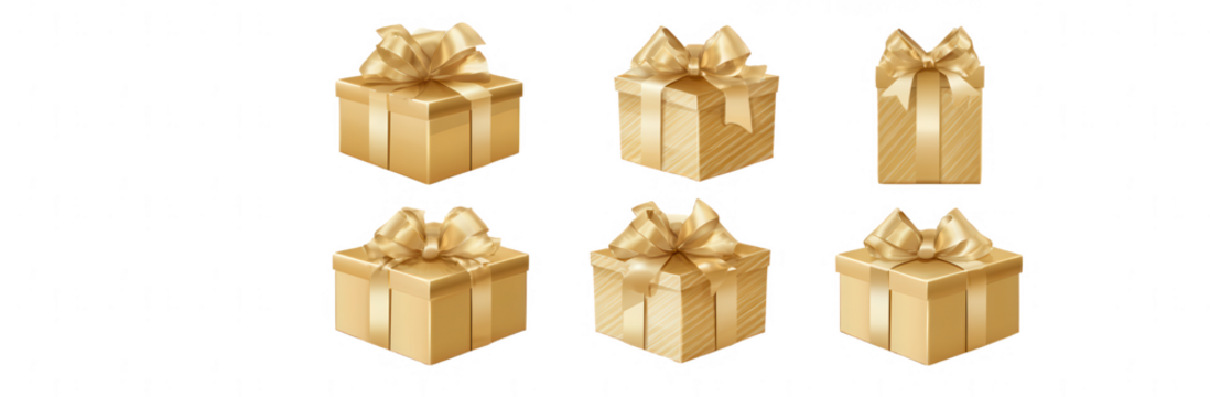 Set of golden gift boxes with ribbon bows, jpeg, png, transparent