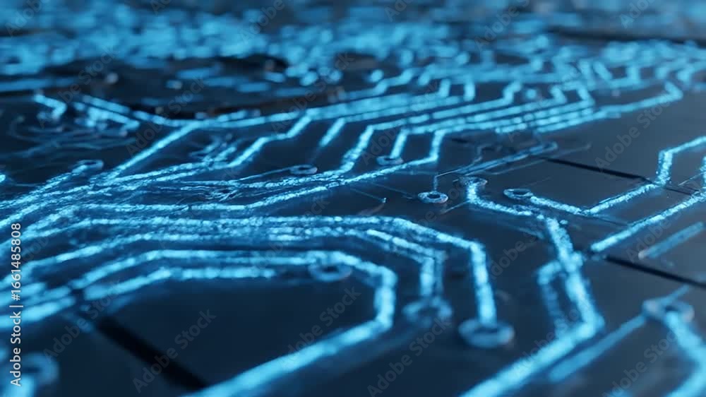 Poster close-up of a futuristic circuit board with glowing blue electronic pathways and data streams, repre