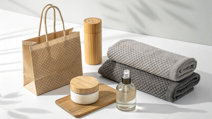 Naklejka premium A clean and minimalist product display of eco-friendly self-care items, including cosmetics and soft towels in natural tones.