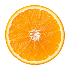 A perfectly round, vibrant orange slice, revealing its juicy segments and translucent pulp, meticulously isolated on a pure white background copy