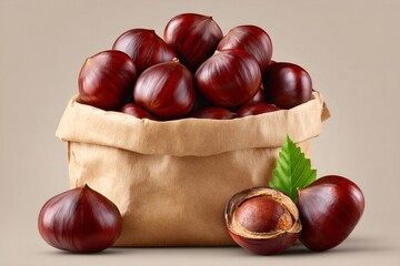 Obraz premium Fresh chestnuts overflowing from paper bag with green leaf