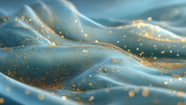 Azure fabric draped in soft waves, dusted with golden glitter