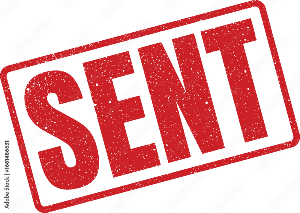 Poster distressed rectangular sent stamp with speckled texture, indicating completion of the task or action