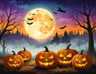 Fototapeta premium Spooky Halloween background with glowing pumpkins and flying bats under full moon, dark night sky with mist, orange and black tones, no text.