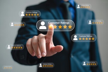 Customer ratings and review concept with businessman touching digital five star rating system excellent online service or product feedback