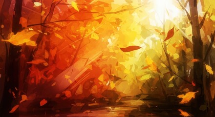 Fototapeta premium Bright sun rays fall through autumn forest trees with falling orange and yellow leaves. Fall season nature landscape for background.