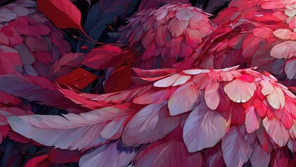 Abstract digital art of clustered, feathery, pink and red shapes