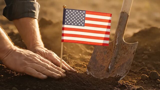 Close-up shot of a pair of weathered hands planting an American flag into soft soil at a job site, next to a shovel. Dust in the air, afternoon sunlight giving a warm glow